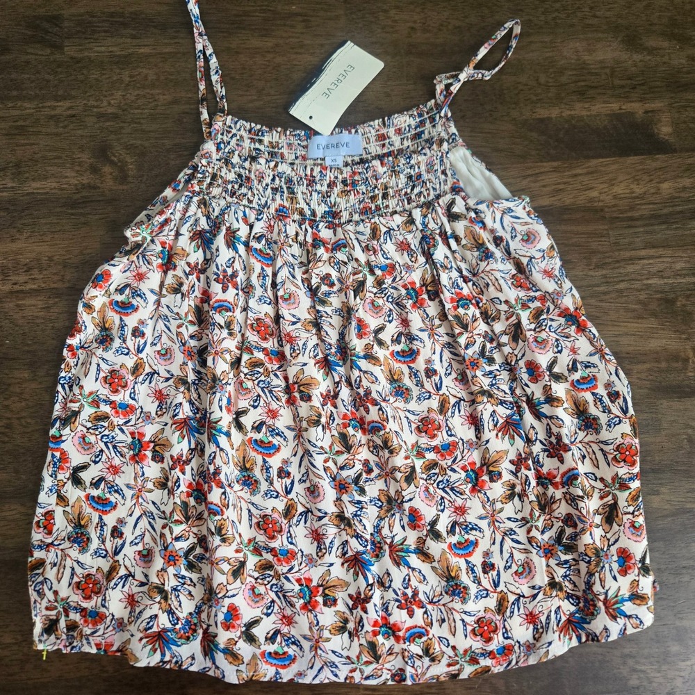 Evereve Floral Smocked Cami‎ Top Womens XS Cream Red Blue Boho EW888 NWT